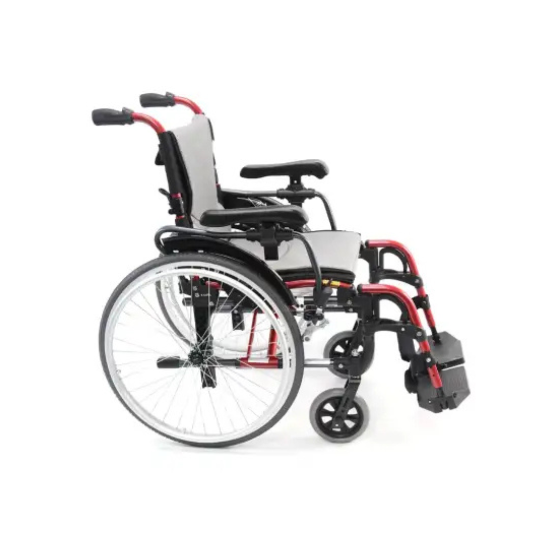 The Karman S-Ergo 305 Wheelchair blends red and black, featuring large rear wheels, small front casters, gray seats and backrests, with ergonomic design. It has adjustable seat height, armrests, and footrests for optimal long-term mobility.
